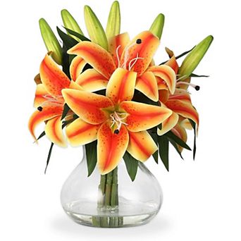 6 pc 13" Silk Tiger Lilies in Glass Vase, Lifelike