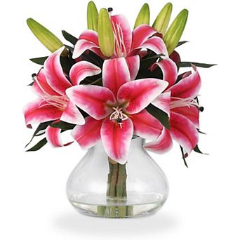 6 pc 13" Silk Tiger Lilies in Glass Vase, Lifelike