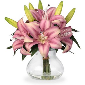 6 pc 13" Silk Tiger Lilies in Glass Vase, Lifelike