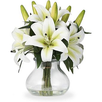6 pc 13" Silk Tiger Lilies in Glass Vase, Lifelike
