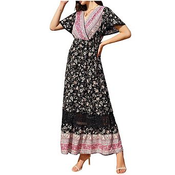Women's Summer Boho Floral Print Dress V Neck Short Sleeve High Waist Long Maxi Casual Beach Dress