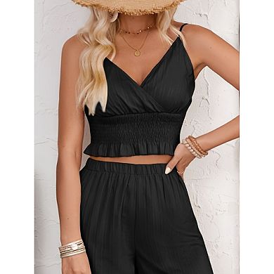 Women's Two Piece Set Jacquard Striped Ruched Cami Top Straight Leg Split Casual Pants