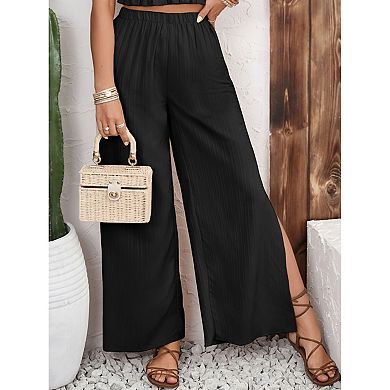 Women's Two Piece Set Jacquard Striped Ruched Cami Top Straight Leg Split Casual Pants