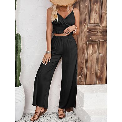 Women's Two Piece Set Jacquard Striped Ruched Cami Top Straight Leg Split Casual Pants