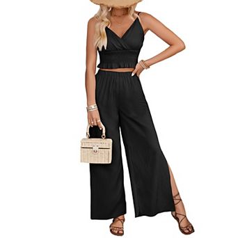 Women's Two Piece Set Jacquard Striped Ruched Cami Top Straight Leg Split Casual Pants