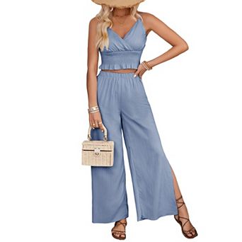 Women's Two Piece Set Jacquard Striped Ruched Cami Top Straight Leg Split Casual Pants