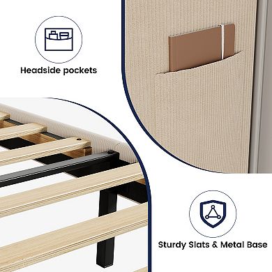 Upholstered Platform Bed Frame with Headboard and Wooden Slats Support