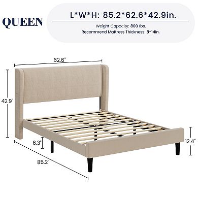 Upholstered Platform Bed Frame with Headboard and Wooden Slats Support