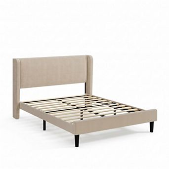 Upholstered Platform Bed Frame with Headboard and Wooden Slats Support