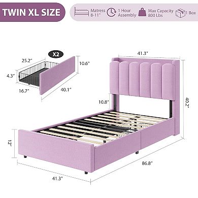 Upholstered Boucle Platform Bed Frame Organizer with Storage Headboard and Drawers