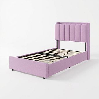 Upholstered Boucle Platform Bed Frame Organizer with Storage Headboard and Drawers