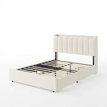 Upholstered Boucle Platform Bed Frame Organizer with Storage Headboard and Drawers