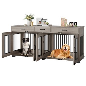 71-Inch Large Dog Crate with 3 Drawers for 2 Dogs, Spacious Wooden Indoor Kennel with Divider