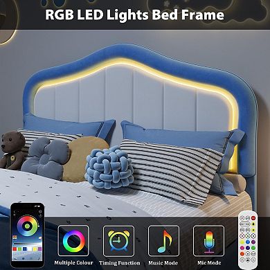 Upholstered Platform Bed Frame with LED Lights Storage Drawer and Headboard