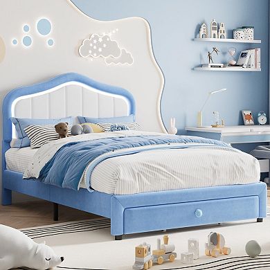 Upholstered Platform Bed Frame with LED Lights Storage Drawer and Headboard