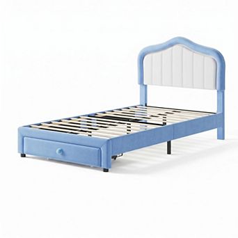 Upholstered Platform Bed Frame with LED Lights Storage Drawer and Headboard