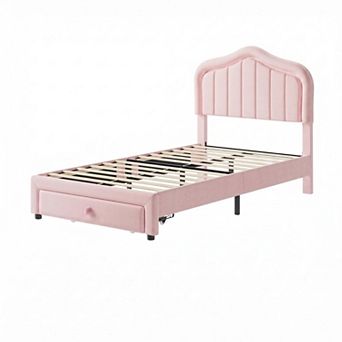 Upholstered Platform Bed Frame with LED Lights Storage Drawer and Headboard