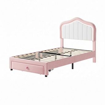 Upholstered Platform Bed Frame with LED Lights Storage Drawer and Headboard
