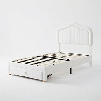 Upholstered Platform Bed Frame with LED Lights Storage Drawer and Headboard