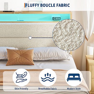 Upholstered Boucle Platform Bed Frame with Storage Headboard and Charging Station