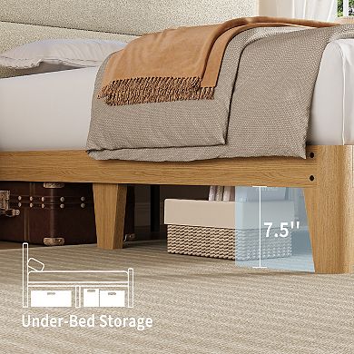 Upholstered Boucle Platform Bed Frame with Storage Headboard and Charging Station