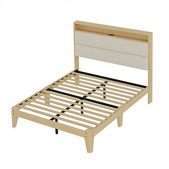 Upholstered Boucle Platform Bed Frame with Storage Headboard and Charging Station