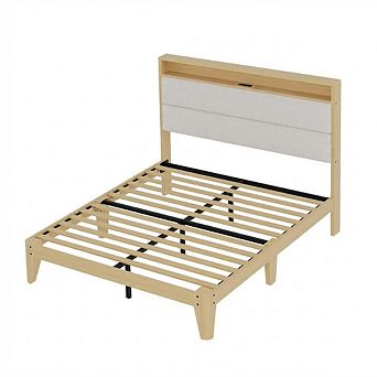 Upholstered Boucle Platform Bed Frame with Storage Headboard and Charging Station