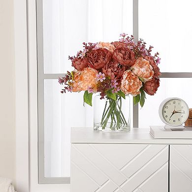 Silk Peony in Glass Vase with Faux Water, Real Touch