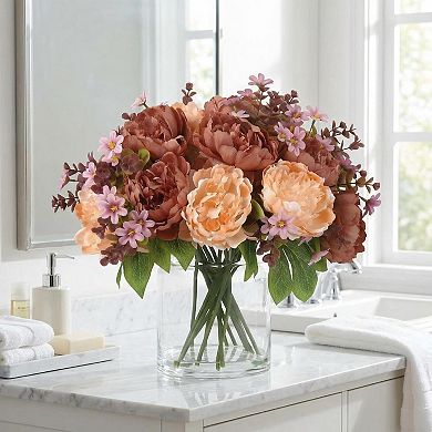 Silk Peony in Glass Vase with Faux Water, Real Touch