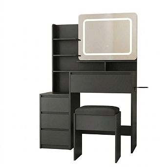 Wooden Makeup Vanity Desk Dressing Table with LED Mirror, Drawers & Stool