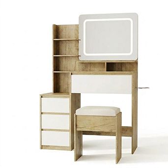 Wooden Makeup Vanity Desk Dressing Table with LED Mirror, Drawers & Stool