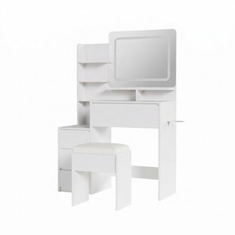 Wooden Makeup Vanity Desk Dressing Table with LED Mirror, Drawers & Stool