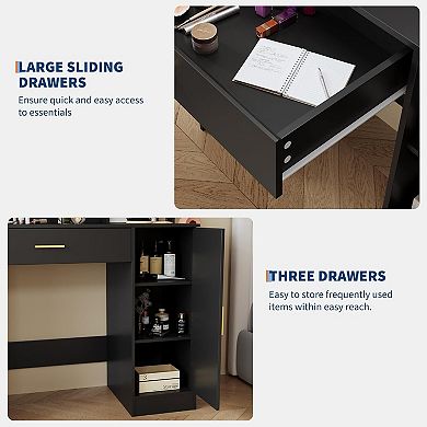 ANIXOL Makeup Vanity with LED Mirror, Storage Drawers, Cushioned Stool, Black & Gold
