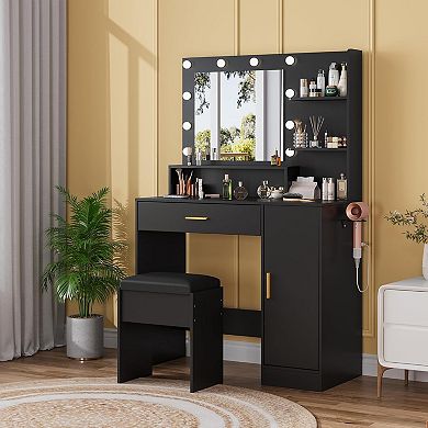 ANIXOL Makeup Vanity with LED Mirror, Storage Drawers, Cushioned Stool, Black & Gold