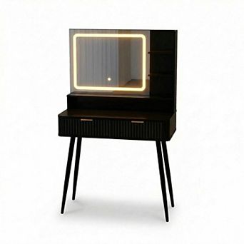 ANIXOL Makeup Vanity with LED Mirror, Storage Drawers, Cushioned Stool, Black & Gold
