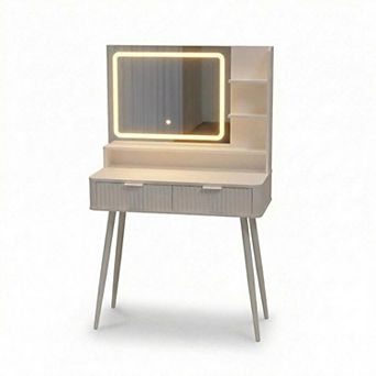 ANIXOL Makeup Vanity with LED Mirror, Storage Drawers, Cushioned Stool, Black & Gold