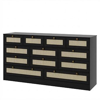 Wood Dresser with Twelve Drawers Rattan Storage Cabinet TV Stand for Bedroom