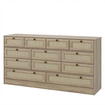 Wood Dresser with Twelve Drawers Rattan Storage Cabinet TV Stand for Bedroom