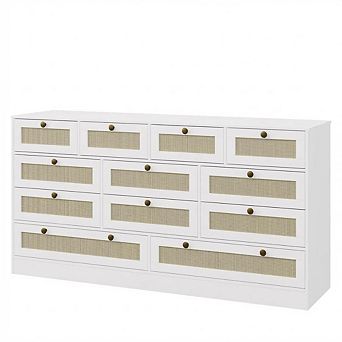 Wood Dresser with Twelve Drawers Rattan Storage Cabinet TV Stand for Bedroom