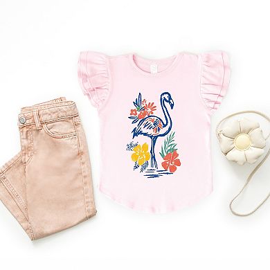Flamingo Flowers Outline - Girl's Flutter Sleeve Graphic T-Shirt