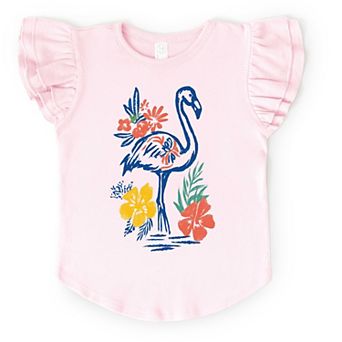Flamingo Flowers Outline - Girl's Flutter Sleeve Graphic T-Shirt