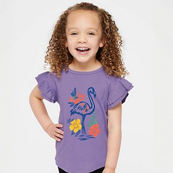 Flamingo Flowers Outline - Girl's Flutter Sleeve Graphic T-Shirt