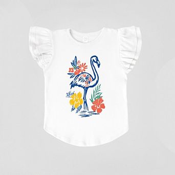 Flamingo Flowers Outline - Girl's Flutter Sleeve Graphic T-Shirt