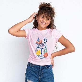 Flamingo Flowers Outline - Youth Short Sleeve Graphic T-Shirt