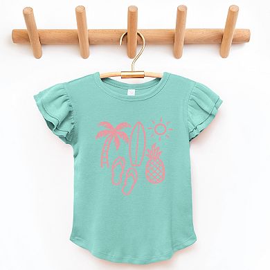 Beach Elements Outline - Flutter Sleeve Graphic T-Shirt