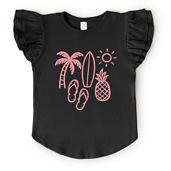 Beach Elements Outline - Flutter Sleeve Graphic T-Shirt