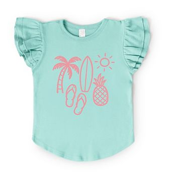 Beach Elements Outline - Flutter Sleeve Graphic T-Shirt
