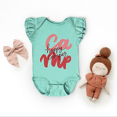 Happy Camper Cursive - Baby Girl's Flutter Sleeve Bodysuit