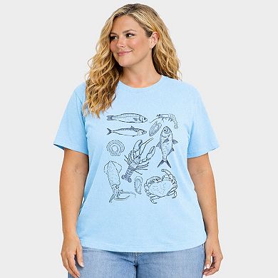 Nautical Creatures Sketched - Women's Plus Sized Garment Dyed Graphic T-Shirt