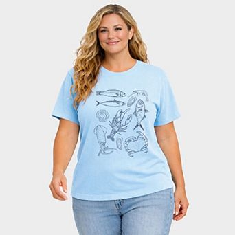 Nautical Creatures Sketched - Women's Plus Sized Garment Dyed Graphic T-Shirt